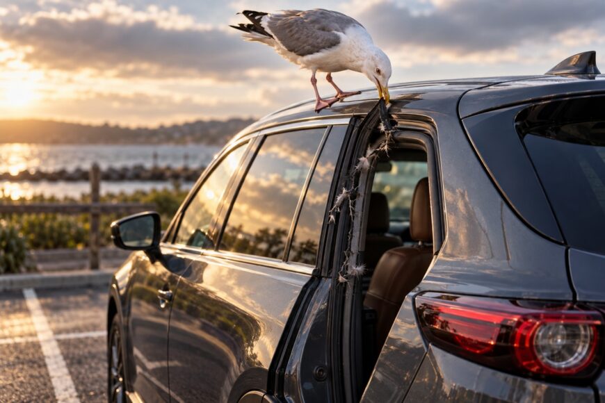 A seagull standing on the roof of a grey Mazda CX-9 pulling apart the rubber trim on the car door frame