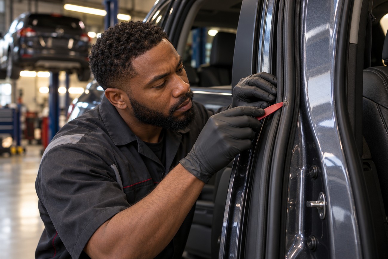 A mechanic wearing black gloves inspecting the damaged rubber trim on a car door in a workshop