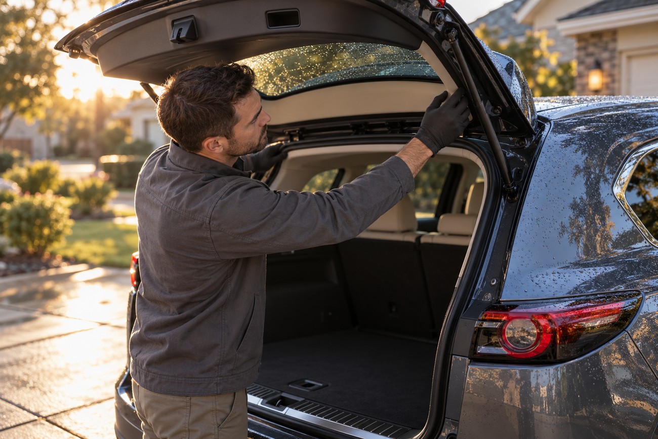 A man in a jacket and gloves inspecting the damaged rubber trim around the open trunk of a Mazda CX-9