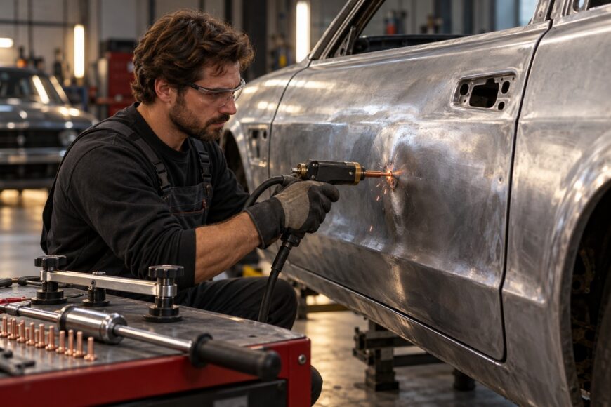 A mechanic wearing safety glasses uses a stud welder gun to repair a dent on a metal car body panel in a workshop
