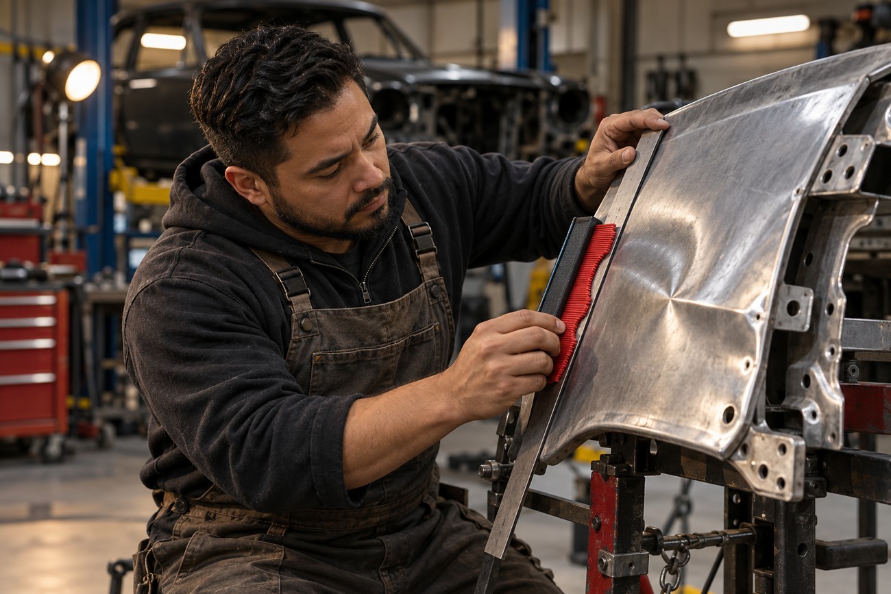 An auto body technician in overalls inspecting a metal car fender with a body file in a repair shop