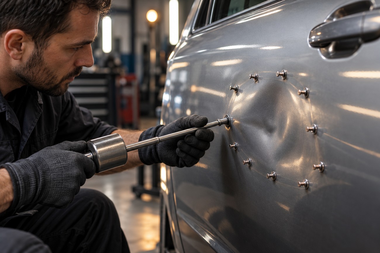 Mechanic wearing gloves using a slide hammer to pull a dent out of a gray car door using welded pulling pins
