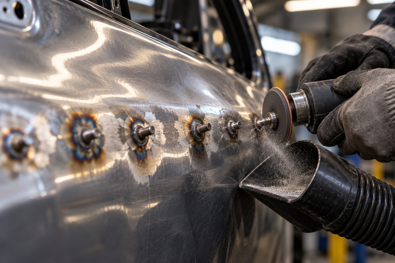 A mechanic wearing gloves uses a rotary tool to grind welded pulling studs on a car body panel