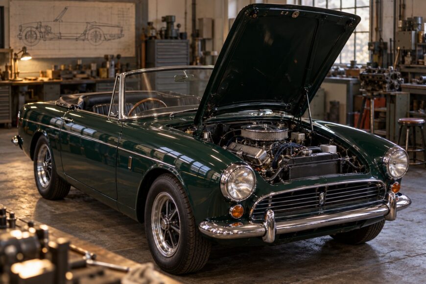Classic dark green Sunbeam Tiger V8 roadster with open hood parked inside a vintage workshop