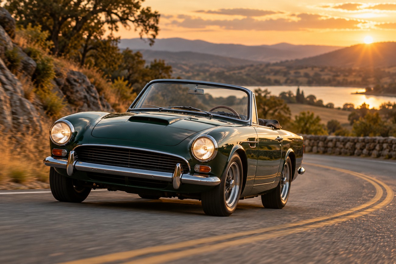 Classic dark green Sunbeam Tiger V8 roadster driving on a winding scenic road at sunset