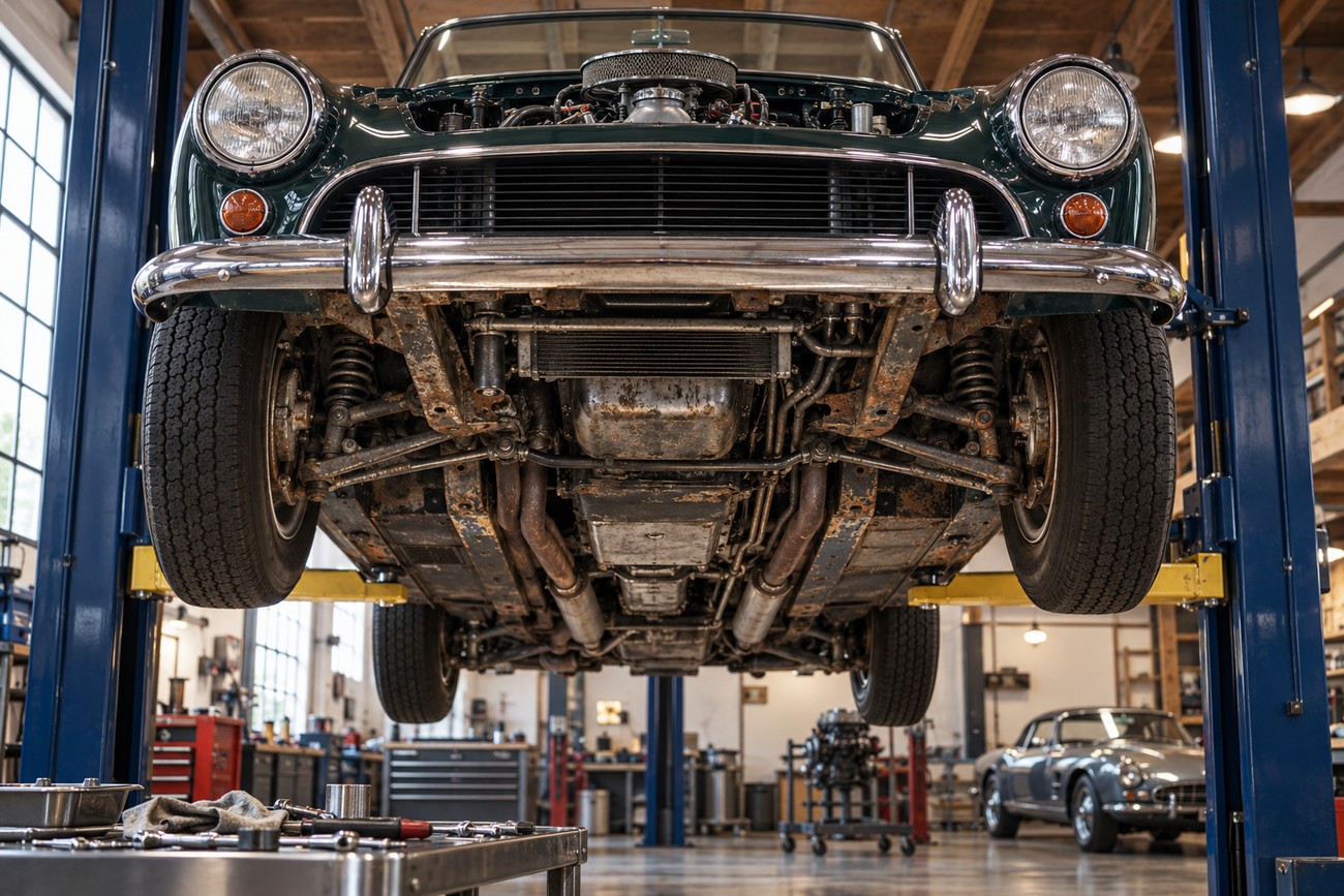 A dark green Sunbeam Tiger roadster lifted on a hydraulic hoist in a workshop, revealing the car undercarriage and front end