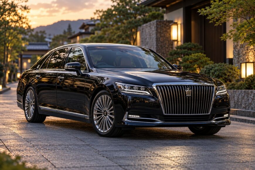 A black Toyota Crown Majesta luxury sedan parked on a paved stone courtyard during golden hour sunset