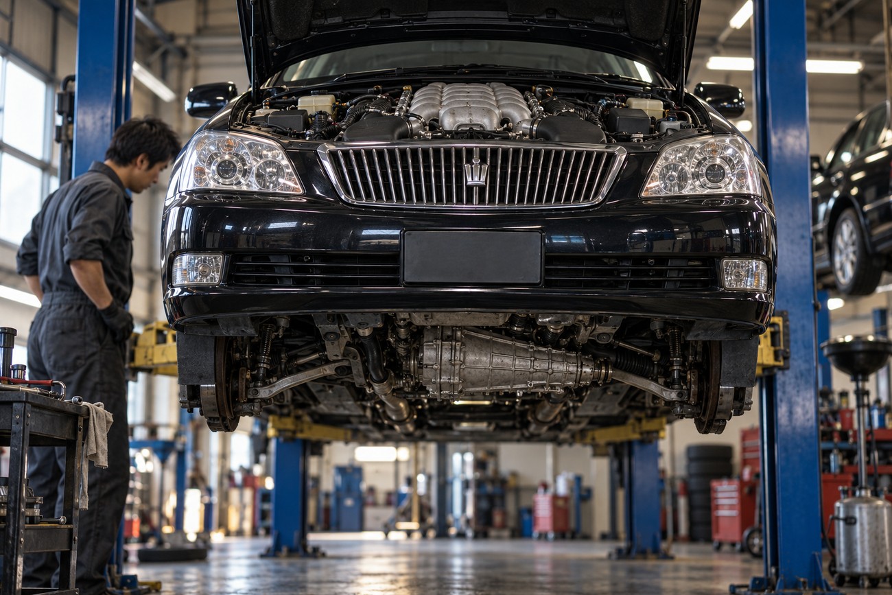 Black Toyota Crown Majesta luxury sedan elevated on a hydraulic lift in a garage with mechanic nearby