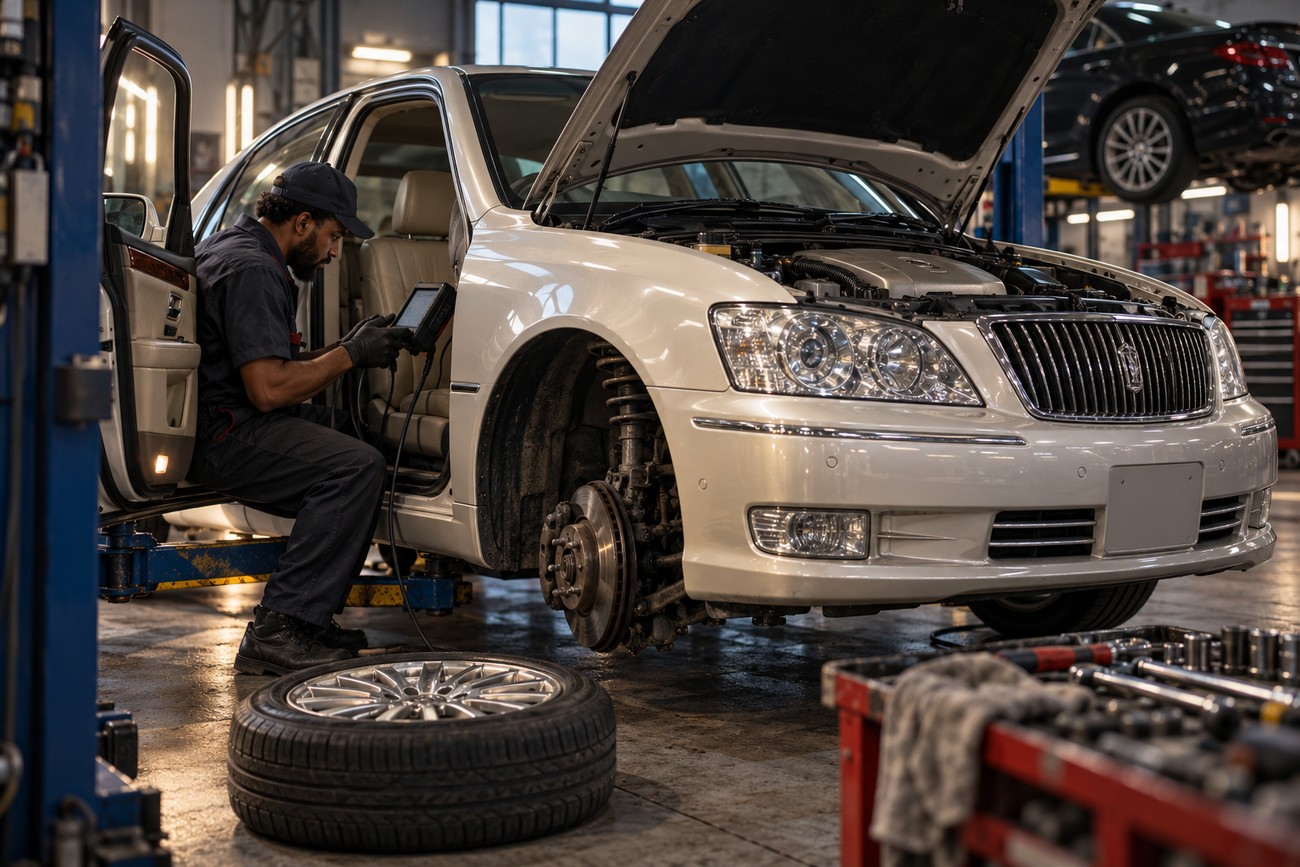 A mechanic in uniform sits inside a white Toyota Crown Majesta sedan holding a diagnostic scanner with the hood open in a repair shop