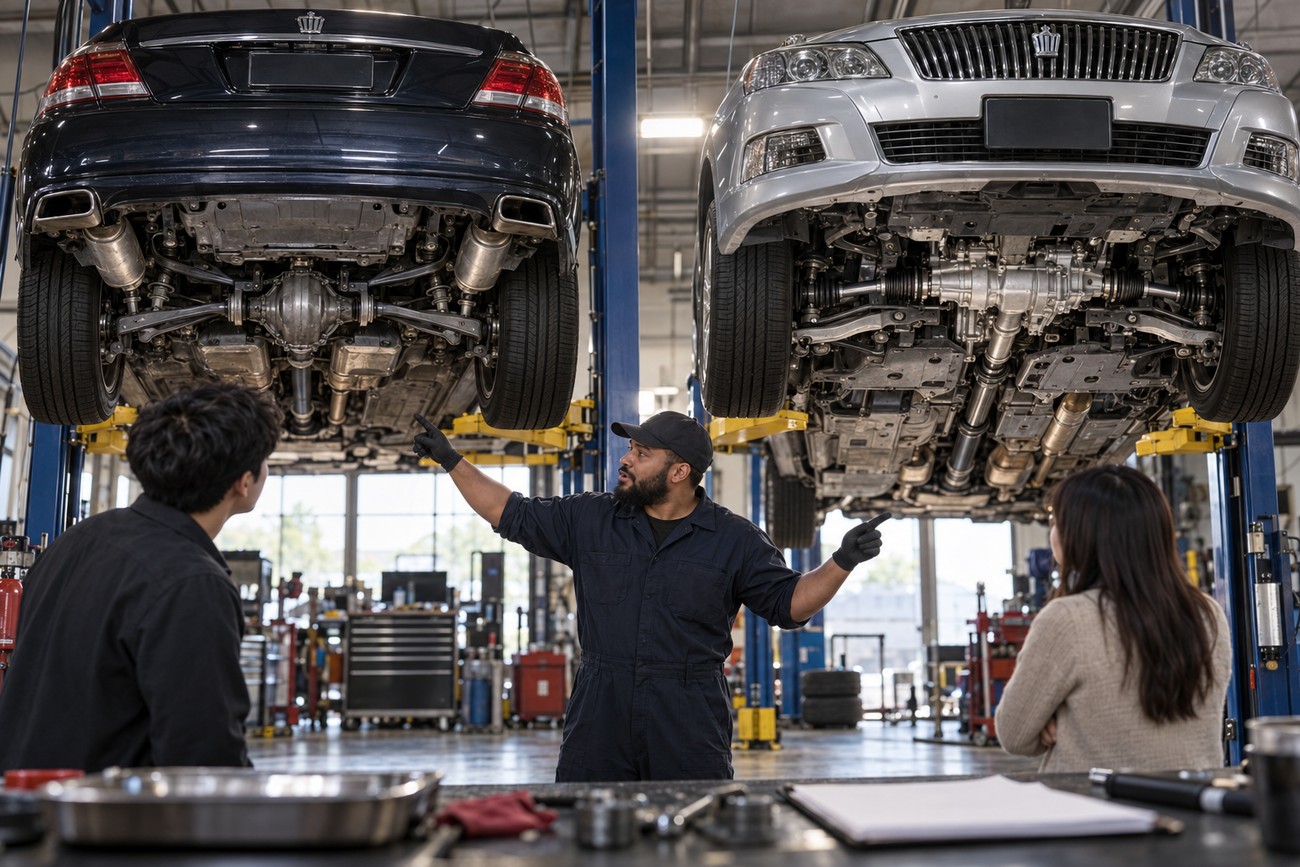 A mechanic in uniform pointing at the undercarriage of a lifted Toyota Crown Majesta luxury sedan while talking to customers in a repair shop