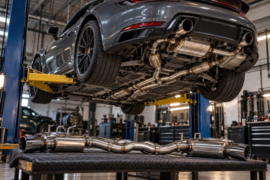 A modern sports car lifted on a hydraulic hoist in a workshop with a stainless steel cat-back exhaust system displayed on a workbench in the foreground
