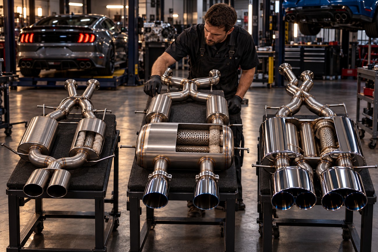 A mechanic in a workshop inspects stainless steel cat-back exhaust systems and cutaway mufflers displayed on stands