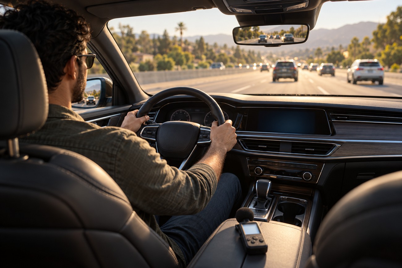 A man driving a car on a sunny highway with a sound recorder placed on the center console to test exhaust noise