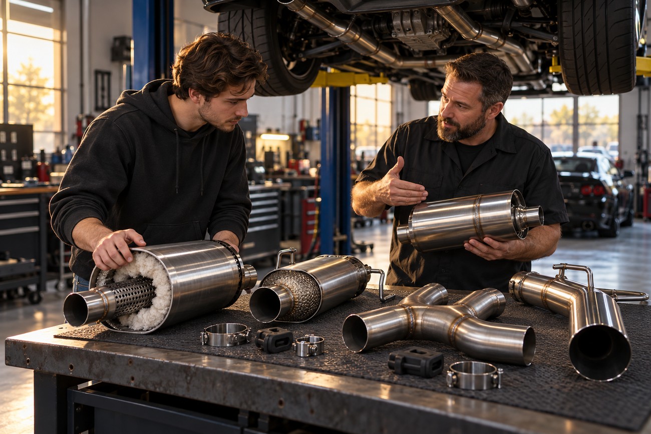 Two mechanics comparing stainless steel cat-back exhaust mufflers and pipes on a workbench inside an auto repair shop
