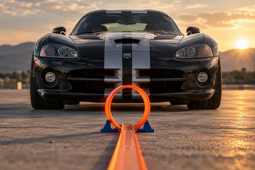 A black Dodge Viper stands parked facing a miniature orange Hot Wheels track loop at sunset