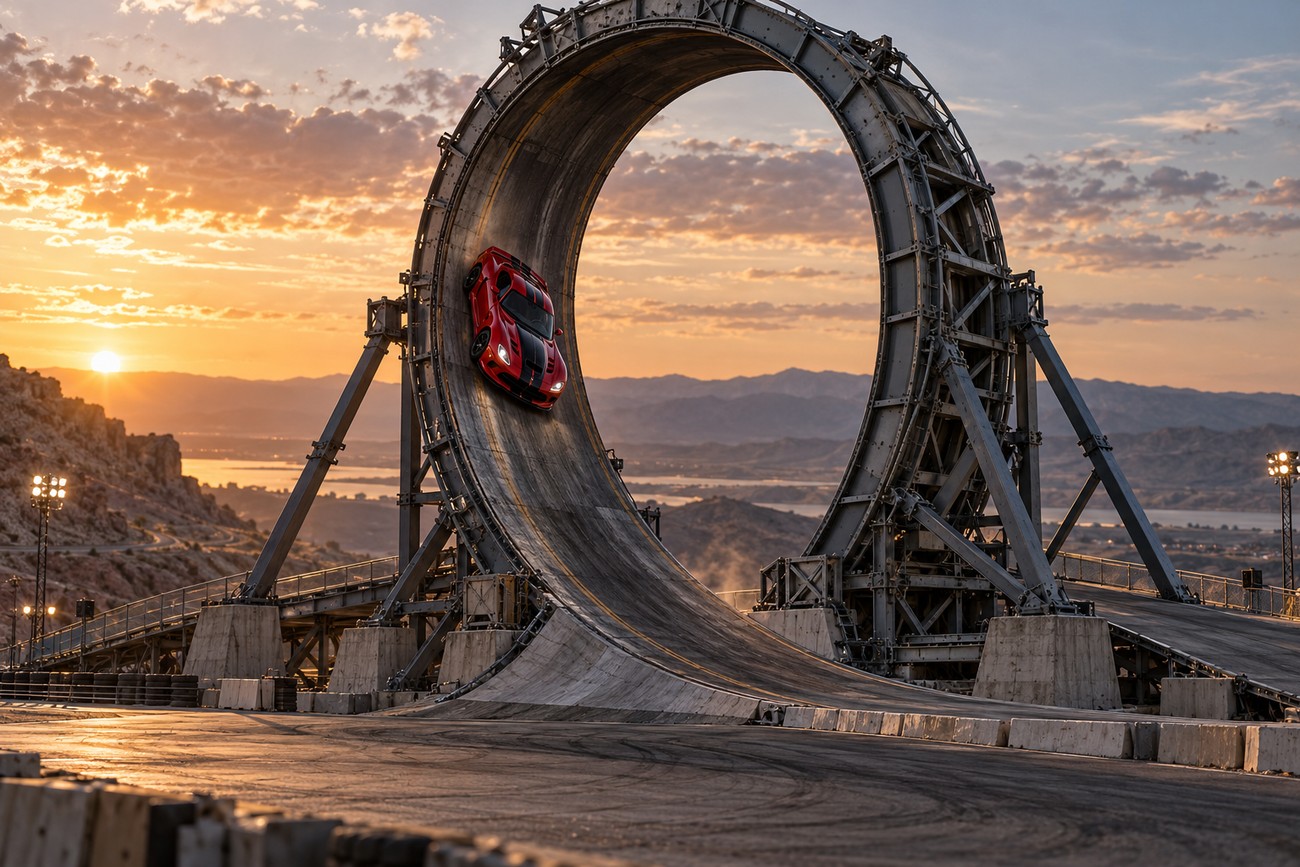 A red Dodge Viper driving vertically inside a massive metal stunt loop during a vibrant sunset