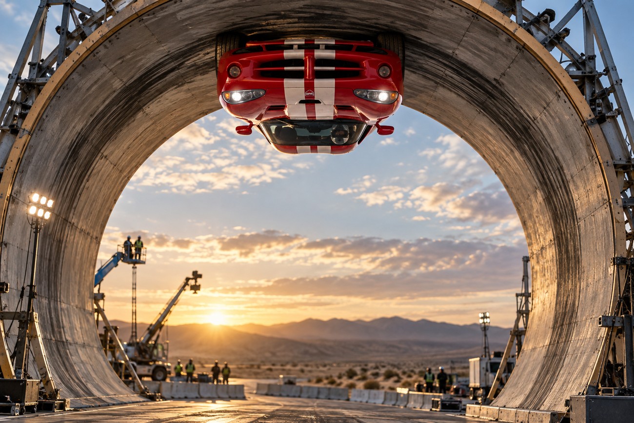 A red Dodge Viper driving upside down inside a giant stunt loop structure at sunset