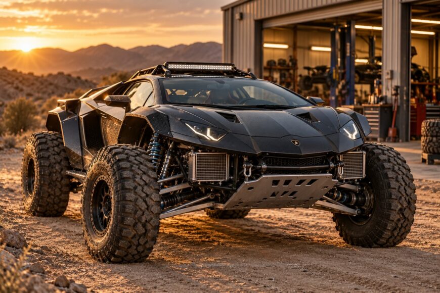 A custom black carbon fiber Lamborghini Aventador monster truck with huge off-road tires parked on dirt near a garage during a sunset