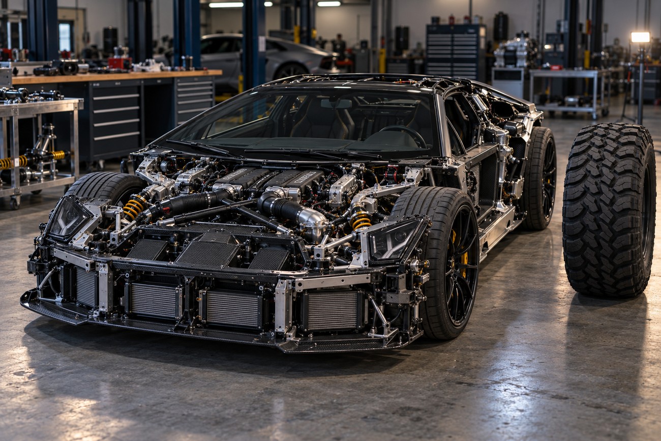 A stripped Lamborghini Aventador chassis sits in a professional workshop with a large off-road tire standing beside it