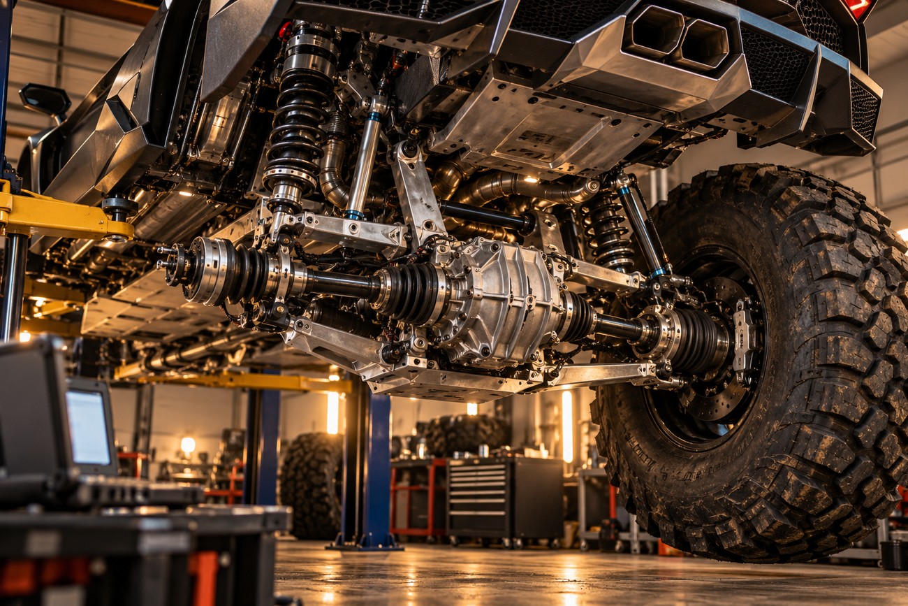 Undercarriage view showing the complex heavy-duty suspension, differential, and massive mud tire of a custom Lamborghini Aventador monster truck lifted on a hydraulic hoist in a garage