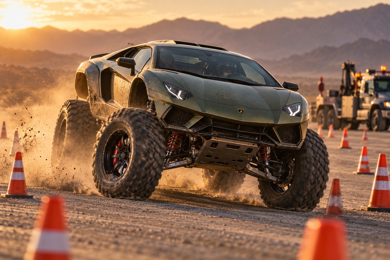 A modified green Lamborghini Aventador monster truck kicking up dust on a dirt track among orange traffic cones