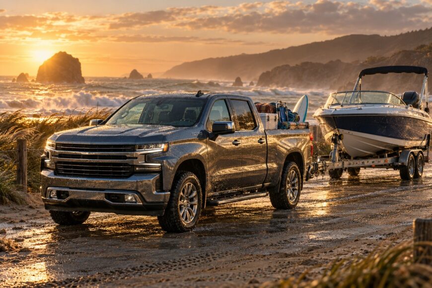 A grey Chevy Silverado pickup truck towing a motorboat on a trailer near the ocean at sunset