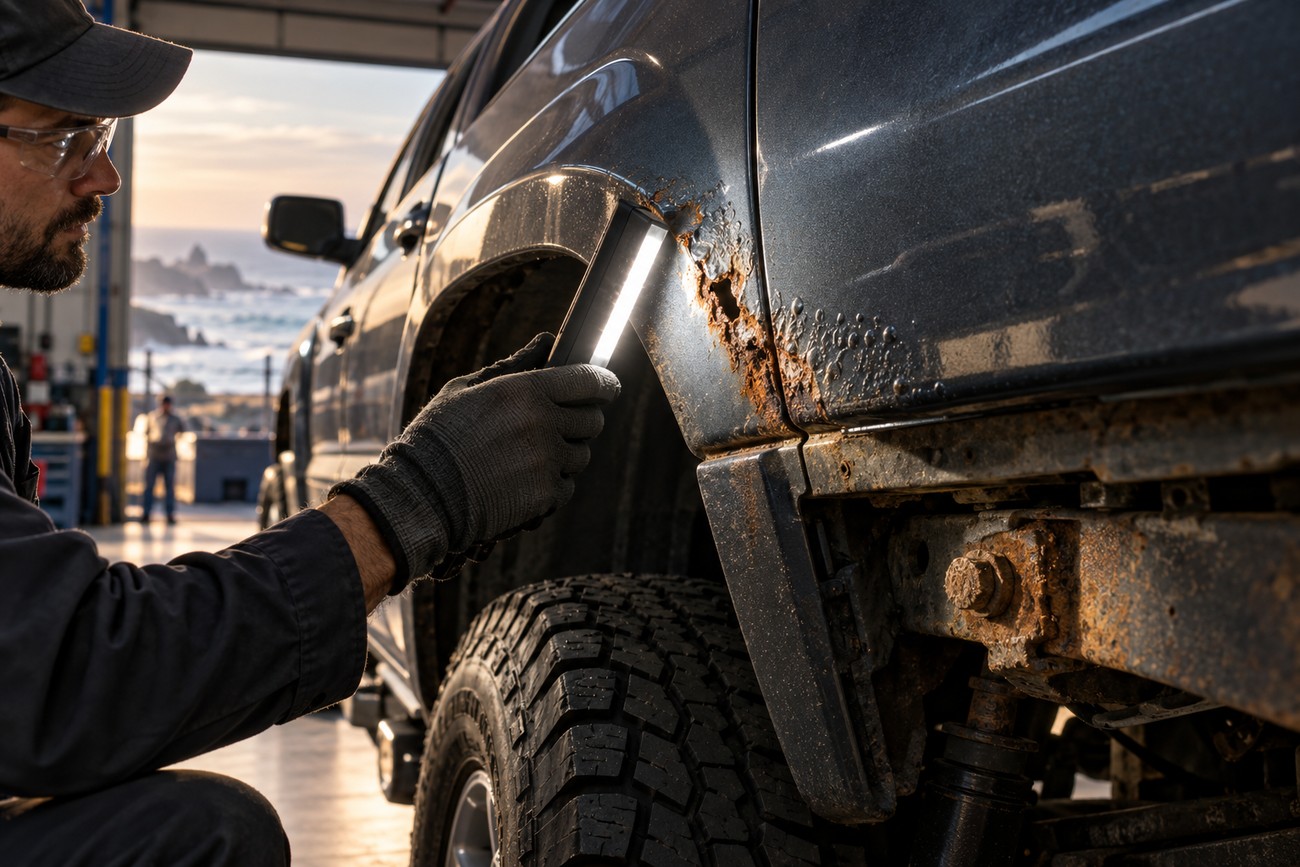 Mechanic using a flashlight to inspect rust damage on a Chevy Silverado wheel arch near the ocean