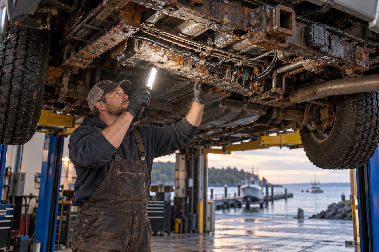 Mechanic wearing overalls inspecting heavy rust on the undercarriage of a Chevy Silverado lifted on a hoist in an open garage overlooking the ocean
