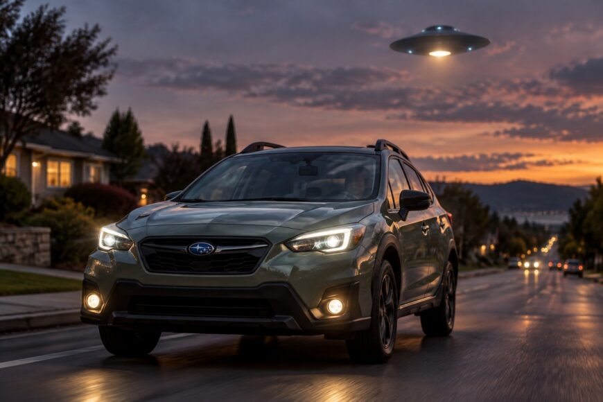 A glowing UFO hovering in the sunset sky above a green Subaru Crosstrek driving on a suburban road