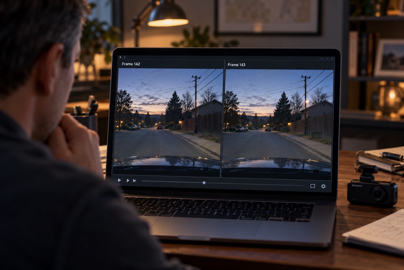 A man reviewing dashcam video frames of a street scene on a laptop screen at a desk