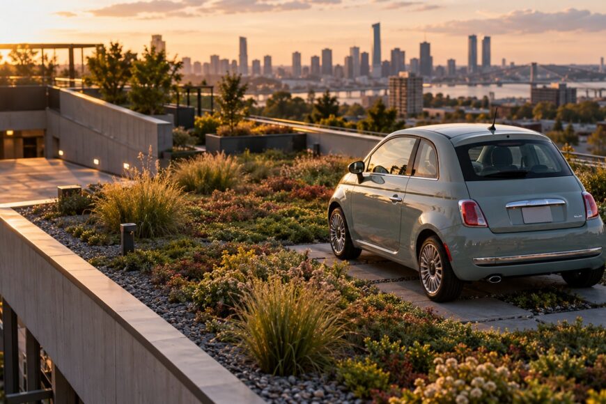 A light blue Fiat 500 parked on a modern rooftop garden with lush green plants and a city skyline at sunset