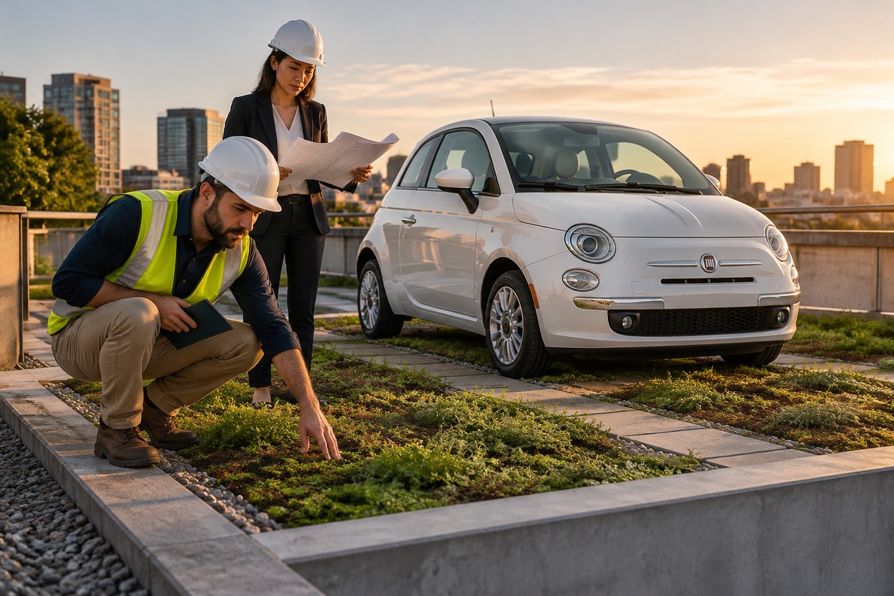 Engineers examining green plants on a rooftop garden next to a parked white Fiat 500 city car