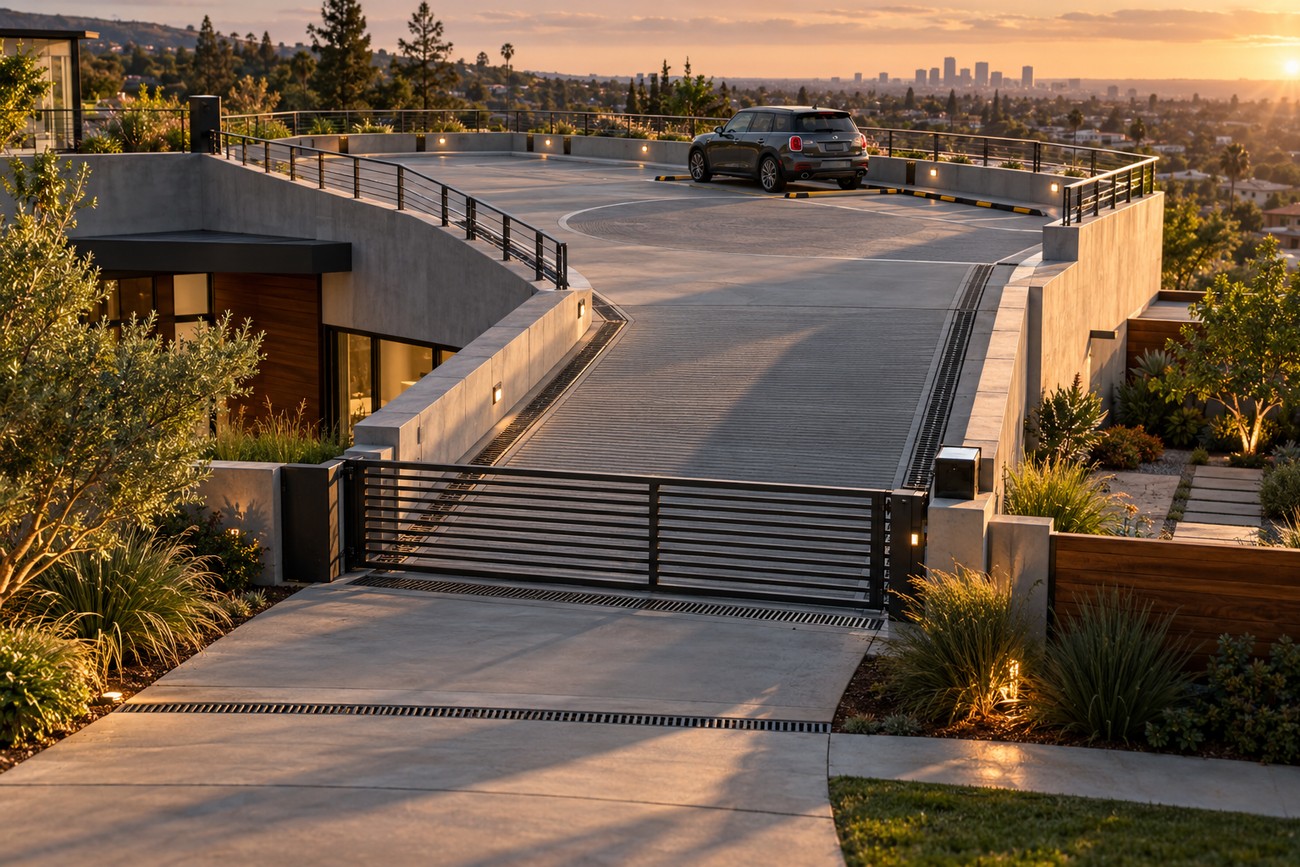A compact Fiat 500 parked on a modern concrete rooftop garden with a distant city view at sunset