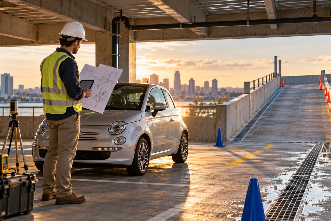 An engineer in a safety vest and hard hat holds blueprints in front of a silver Fiat 500 parked on a concrete rooftop parking structure at sunset