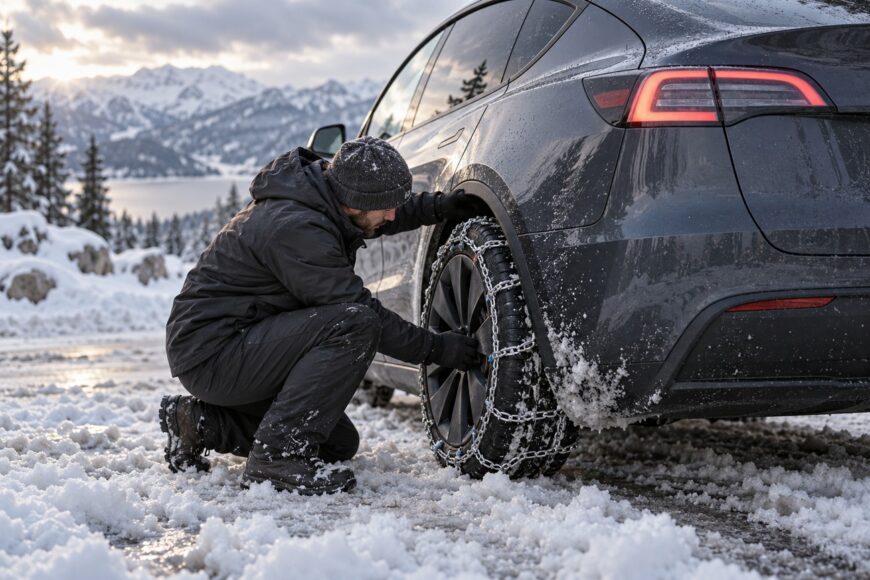Man installing snow chains on the rear wheel of a Tesla Model Y on a snowy road with mountains in the background