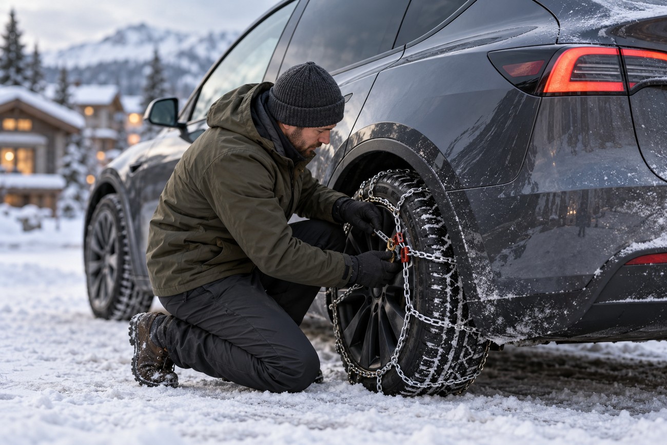 A man in a winter jacket and beanie kneeling to install snow chains on the rear wheel of a dark gray Tesla Model Y parked on a snowy road