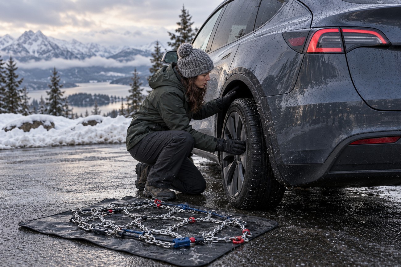 A woman in a winter hat and jacket crouching to put snow chains on the rear tire of a dark grey Tesla Model Y parked near a snowy mountain lake