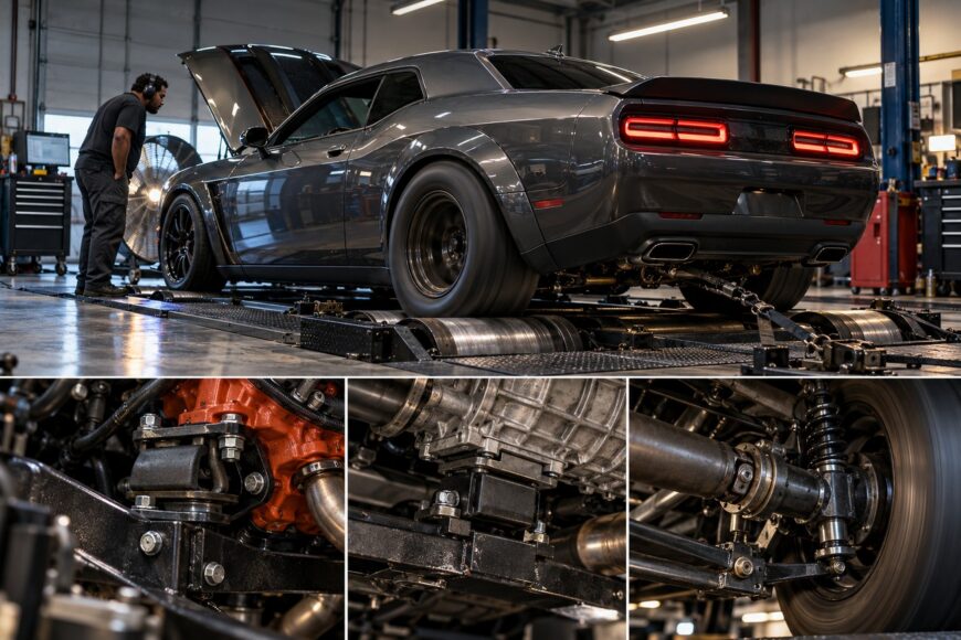 A mechanic observing a dark gray muscle car strapped to a dyno machine with detailed insets of engine mounts and rear suspension