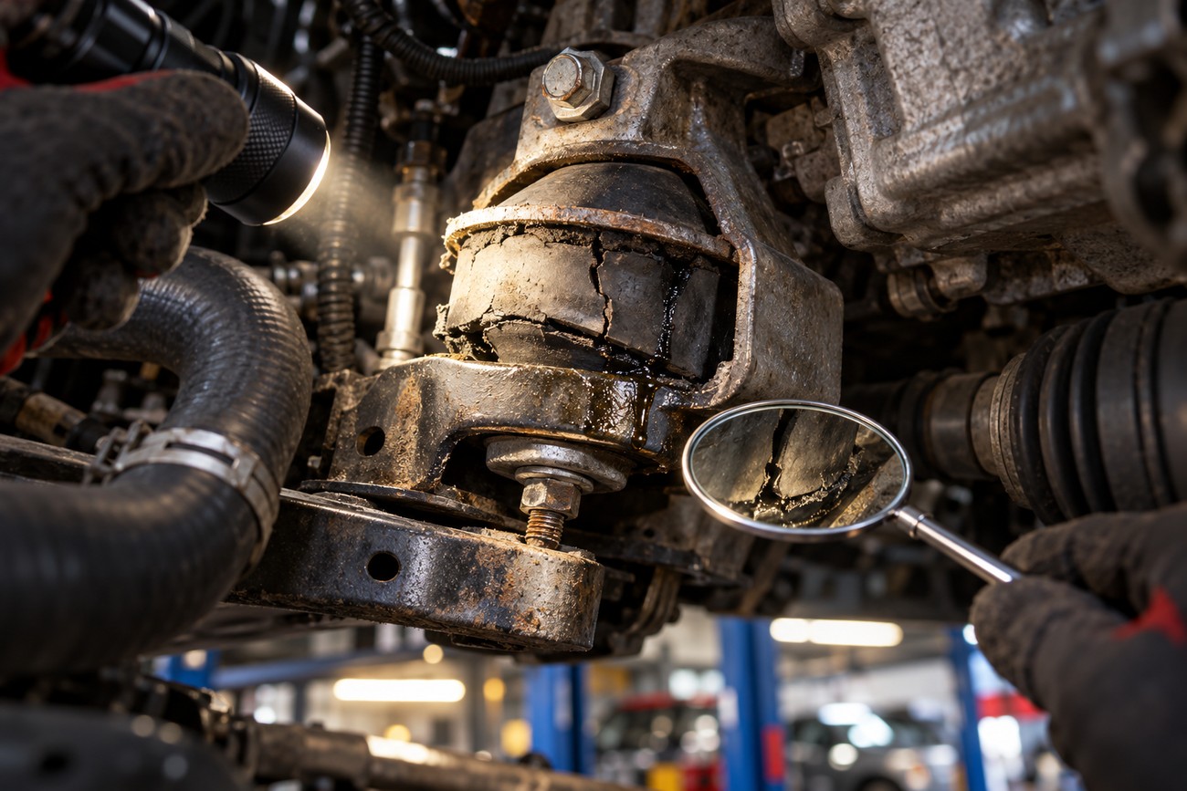 Mechanic using a flashlight and magnifying mirror to examine a cracked and leaking engine mount under a car chassis