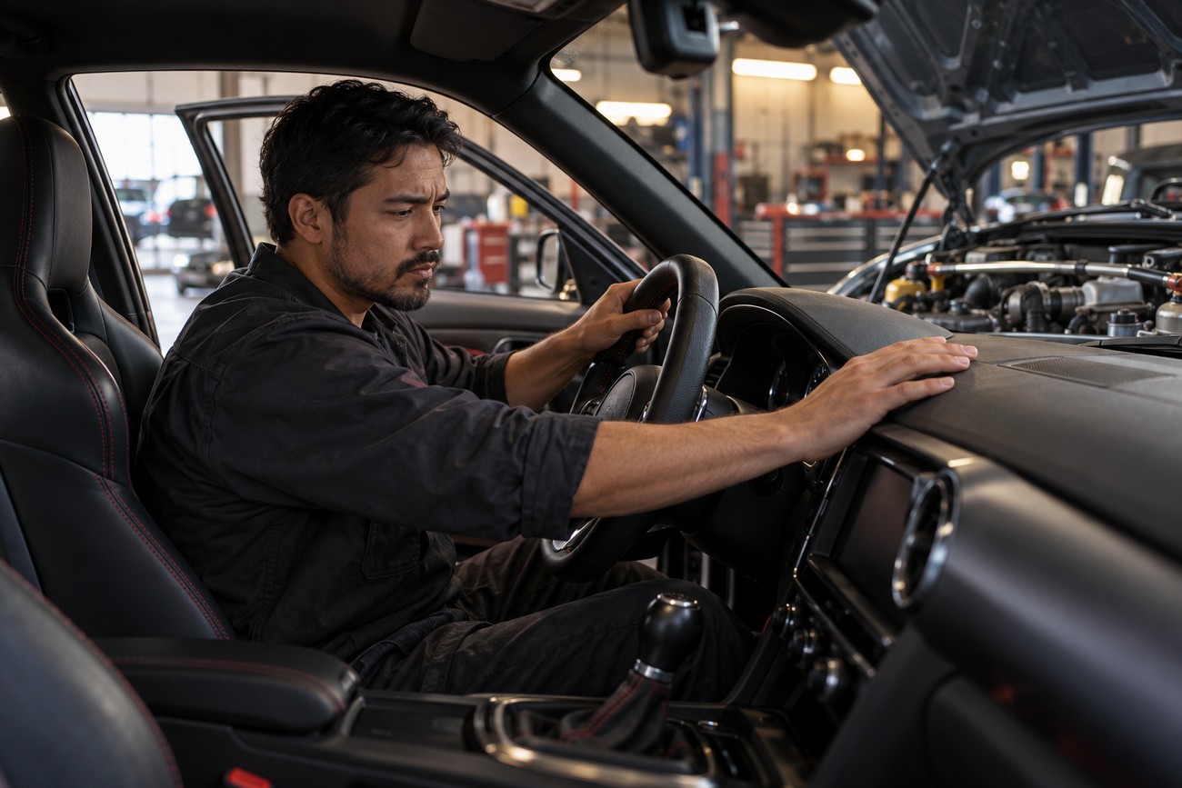 A focused mechanic sits inside a car cabin holding the steering wheel and touching the dashboard in a repair shop
