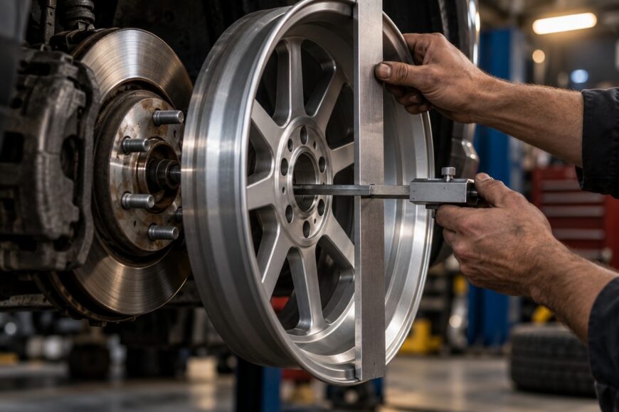 A mechanic using a specialized measuring tool to check wheel offset and backspacing on an alloy rim