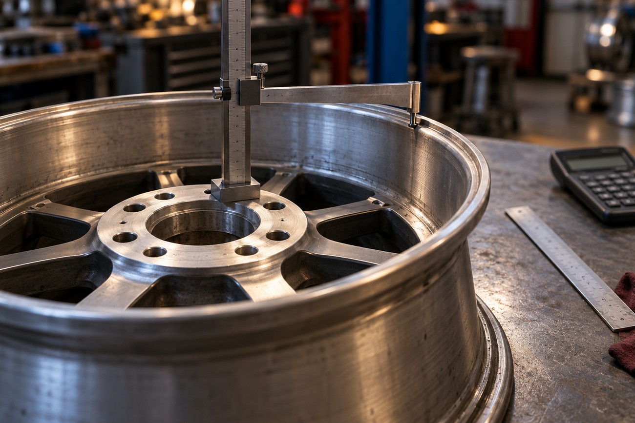 A mechanic measuring the backspacing of a metal alloy wheel rim using a specialized vertical gauge tool on a workbench