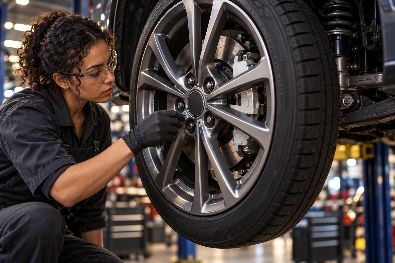 Female mechanic wearing safety glasses and black gloves working on a car wheel and tire assembly in an auto repair shop
