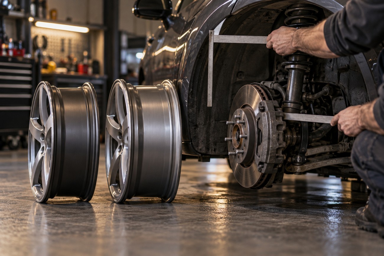 Mechanic measuring wheel offset and backspacing on a car suspension with alloy wheels standing nearby in a workshop