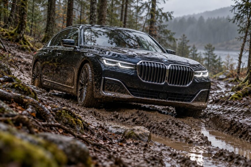 A black BMW 7 Series luxury sedan driving through a muddy and rutted off-road forest trail