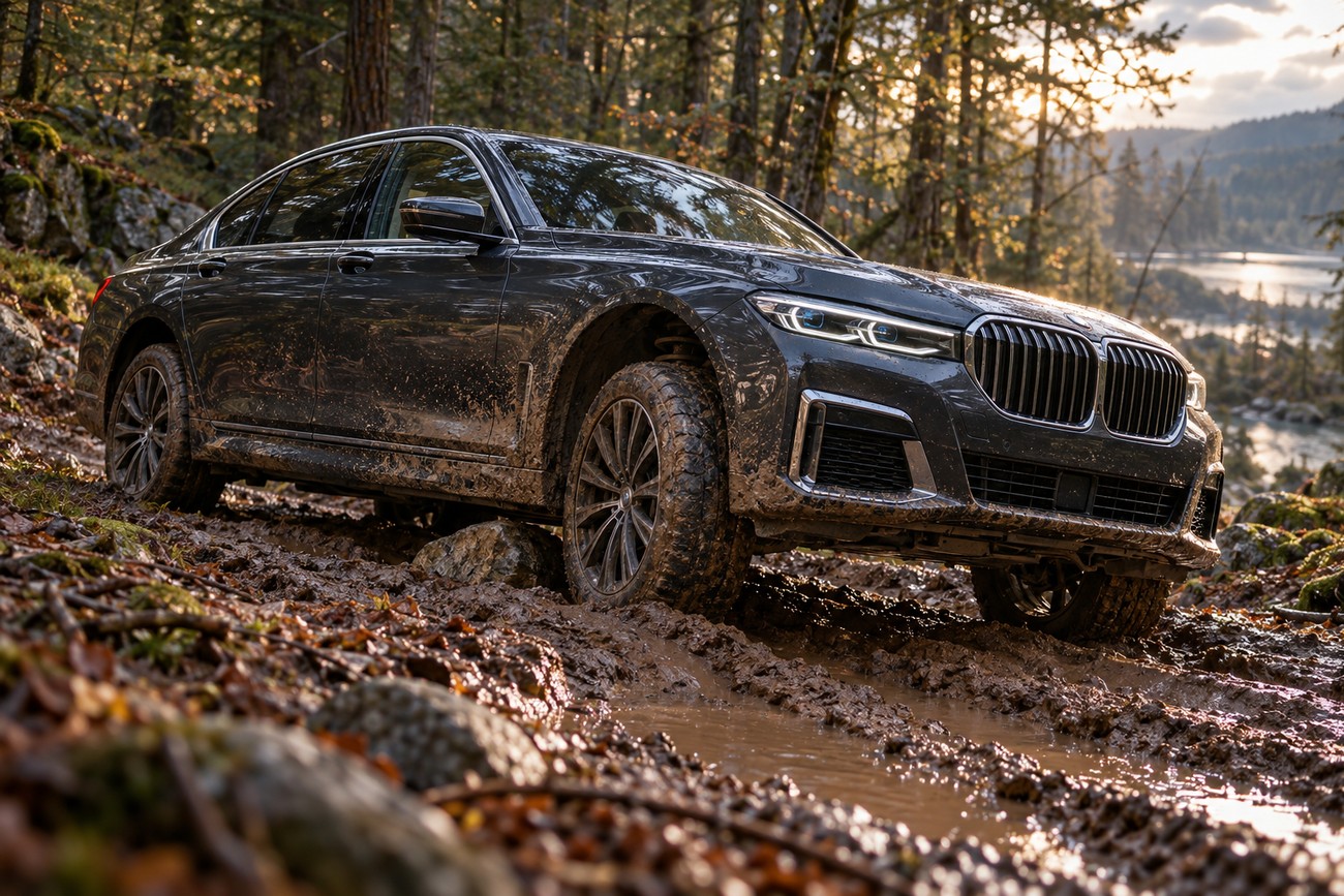 A muddy dark BMW 7 Series luxury sedan driving on a rugged off-road trail in a forest