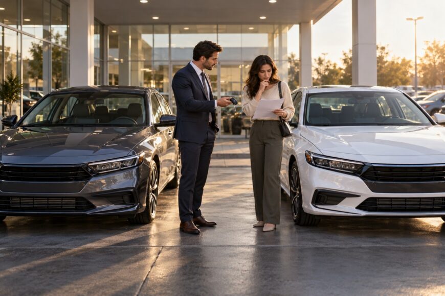 A car salesman in a suit handing keys to a concerned woman standing between two Honda Accord sedans outside a dealership