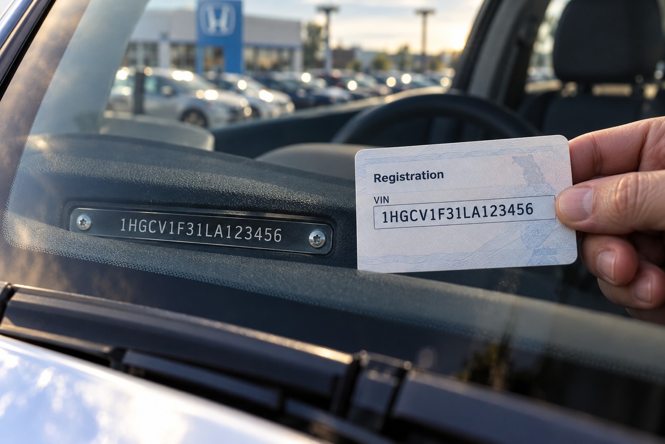 A person holding a registration card to match the VIN plate on the dashboard of a Honda Accord