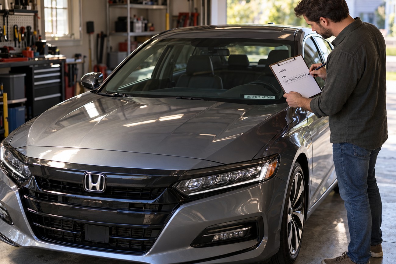 A man checking the VIN on the windshield of a gray Honda Accord with a clipboard