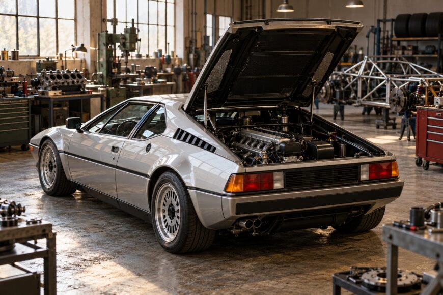 Silver BMW M1 supercar with open rear hood revealing the engine inside a vintage workshop